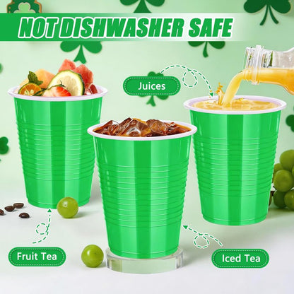Dualshine 100 Pack Green Plastic Cups 18 oz, Disposable Heavy Duty Drinking Cups for St Patrick's Day, Graduation Cup for Christmas Wedding Birthday Beer Taste Serving Snack Sample Tastings Barbecues