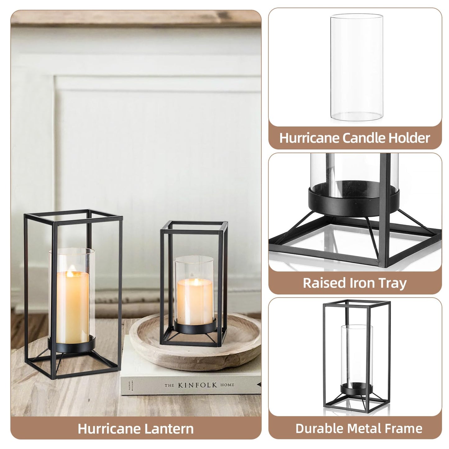 Staymoment Black Lantern Decorative Indoor Set of 2: Glass Metal Hurricane Candle Holder Modern Farmhouse Lanterns Decor Outdoor for Table Centerpiece Fireplace Wedding