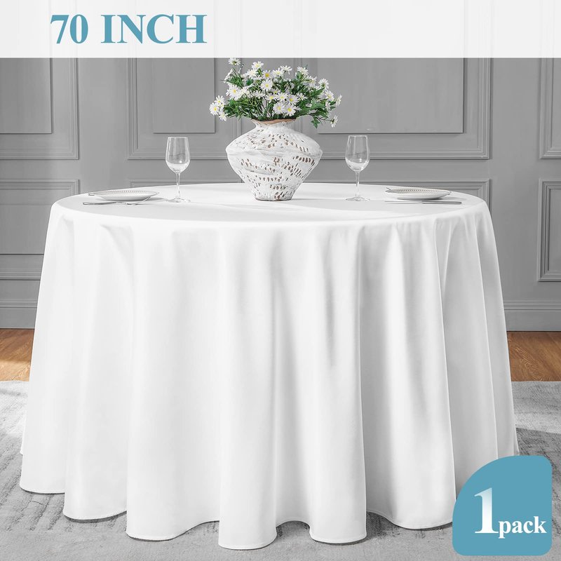 VidaFete 1 Pack 70inch Round Tablecloth Polyester Table Cloth, Stain Resistant and Wrinkle Polyester Dining Table Cover for Kitchen Dinning Party Wedding Rectangular Tabletop Buffet Decoration(White)