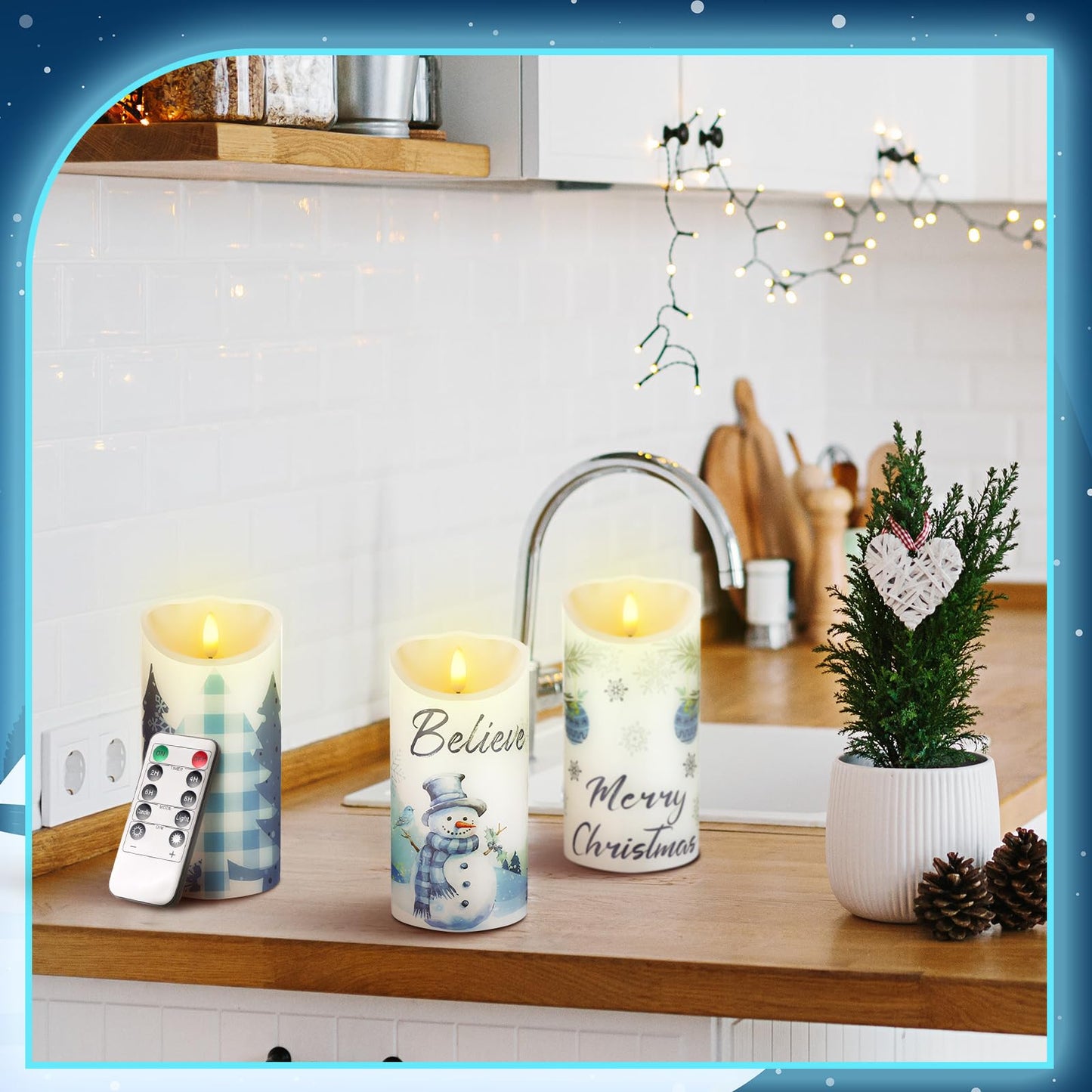 ROCEEI 3 Pcs Christmas Snowflake Style Candles Battery Operated LED Candles Winter Christmas Snowflake Style Pillar Flickering Real Wax Decorations for Indoor Table Decor Xmas Gifts Holiday Party