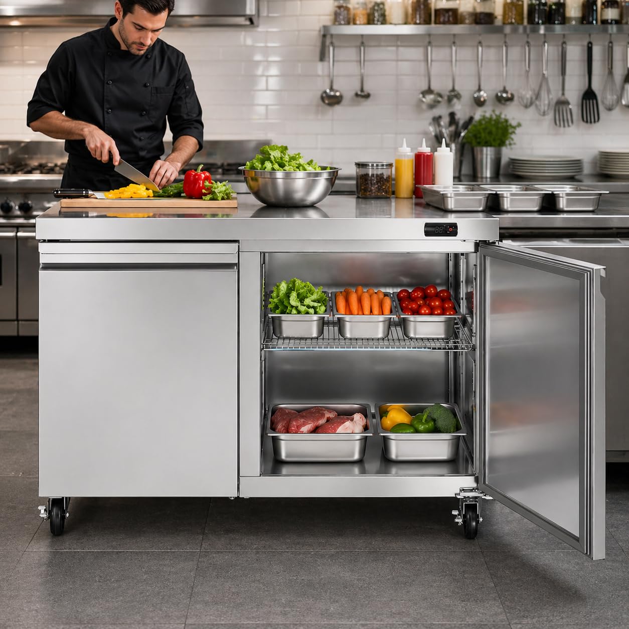 Rockitch 48" W Commercial Undercounter Refrigerator, 11.1 Cu.ft Stainless Steel Worktop Refrigerator, 2 Doors Fan Cooling Kitchen Fridge with Adjustable Shelves for Restaurant Food Prep, ETL Approved
