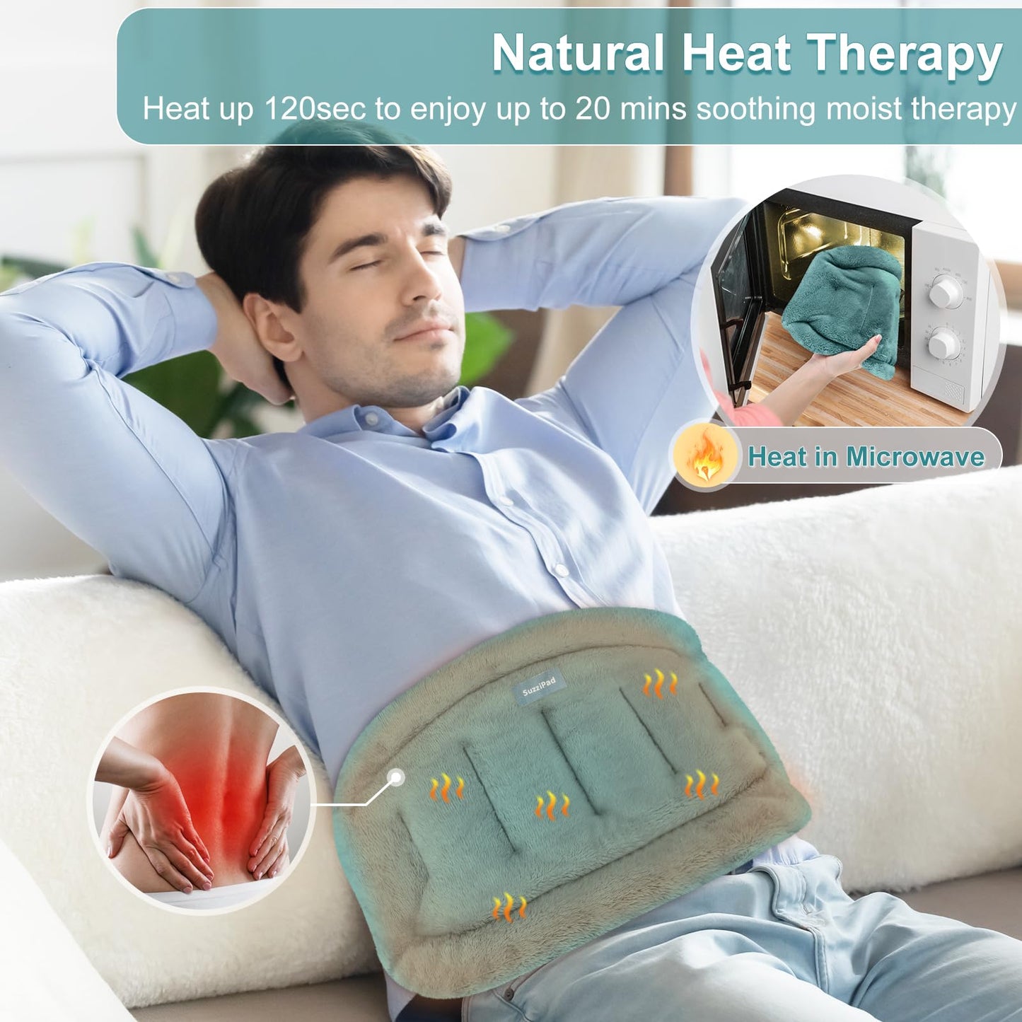 SuzziPad Microwave Heating Pad for Back Discomfort, Microwavable Heat Pads for Lumbar, Waist, Stomach, Neck Shoulder, Wrap with Moist Therapy, Warm & Cold Compress