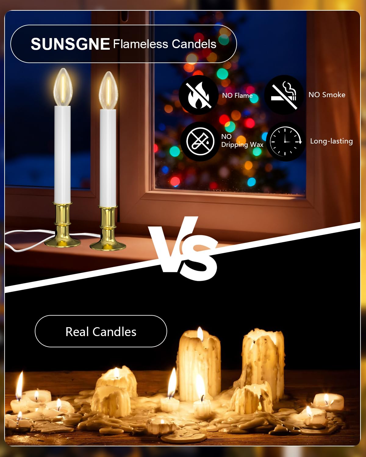 SUNSGNE Christmas Electric Window Candle Lights with Auto Sensor, Dusk to Dawn Candle Lamps with Gold Plated Base, 9'' Plug in Candle Lights with 0.6W LED E12 Bulbs for Window Table Decor, 4 Pack