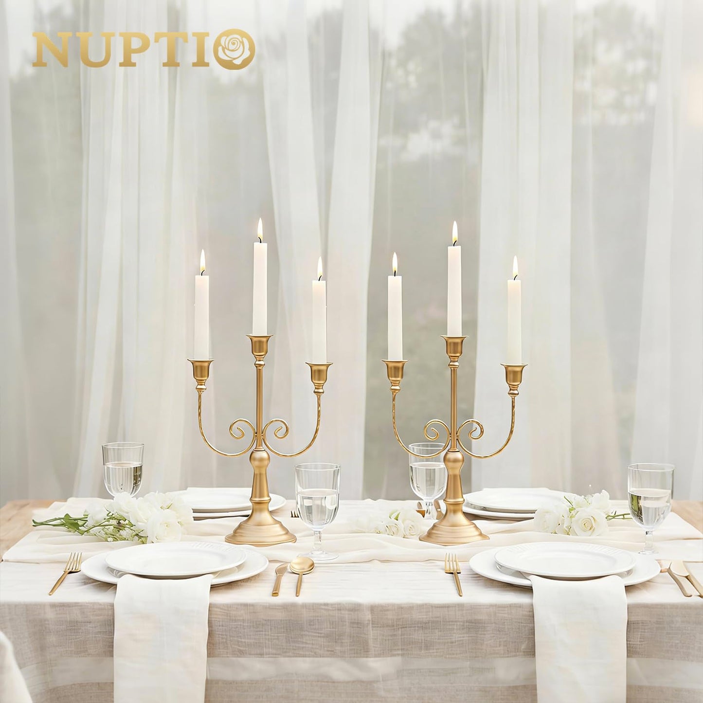 NUPTIO Candlestick Holders Candelabras Gold Candle Stick Stands 2 Pcs Metal Candelabra Centerpieces Candlestick Holders for Tapered Candles Wedding Birthday Party Dining Table Christmas Decoration 11"