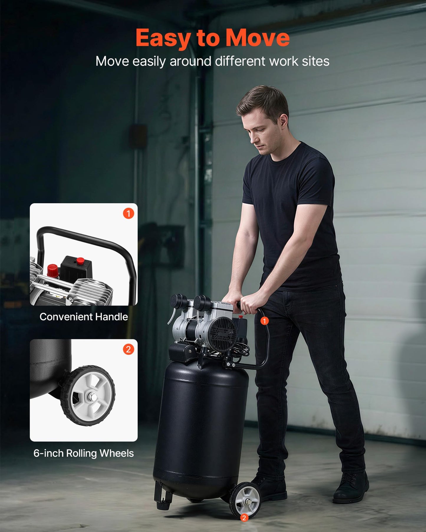 VEVOR 14-Gallon Air Compressor, 2HP 4.3 SCFM at 90PSI, Max 125PSI Pressure Oil-Free Air Compressor Tank, Portable on Wheels for Auto Repair, Tire Inflation, Spray Painting, Woodwork Nailing, 120V