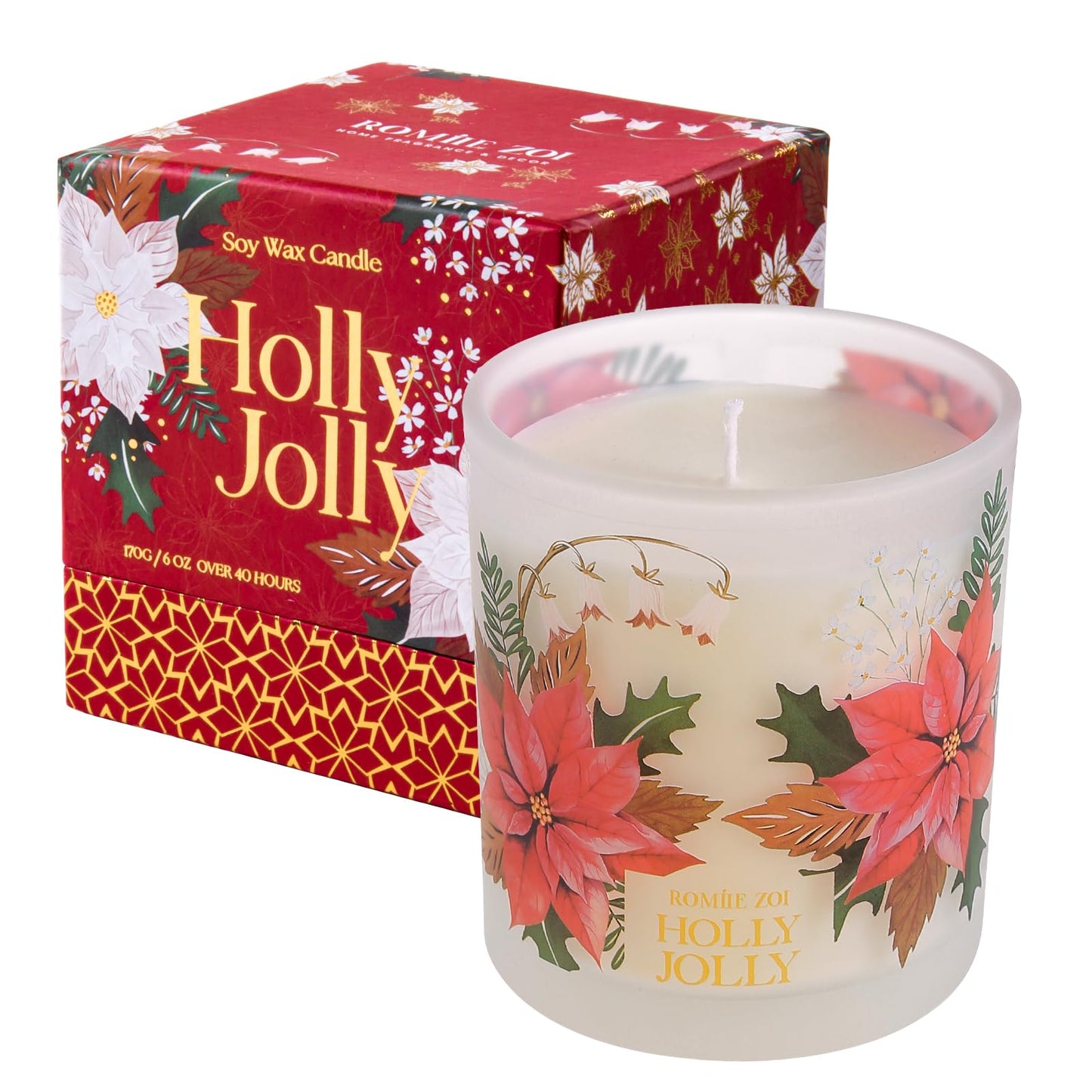 ROMIIE ZOI Christmas Scented Candle - 6oz Soy Wax Candle, Holly Jolly Decorations for Women, Infused with Citrus & Pine Aroma - Exquisite Red & Gold Gift Box Packaged for Christmas Holiday Season Gift