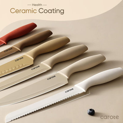 CAROTE Knife Set, 12 Pieces Kitchen Knife Set, 6 Stainless Steel Knives with Blade Guards & Nonstick Ceramic Coating, Rustproof, Color-Coded, Ergonomic Handles