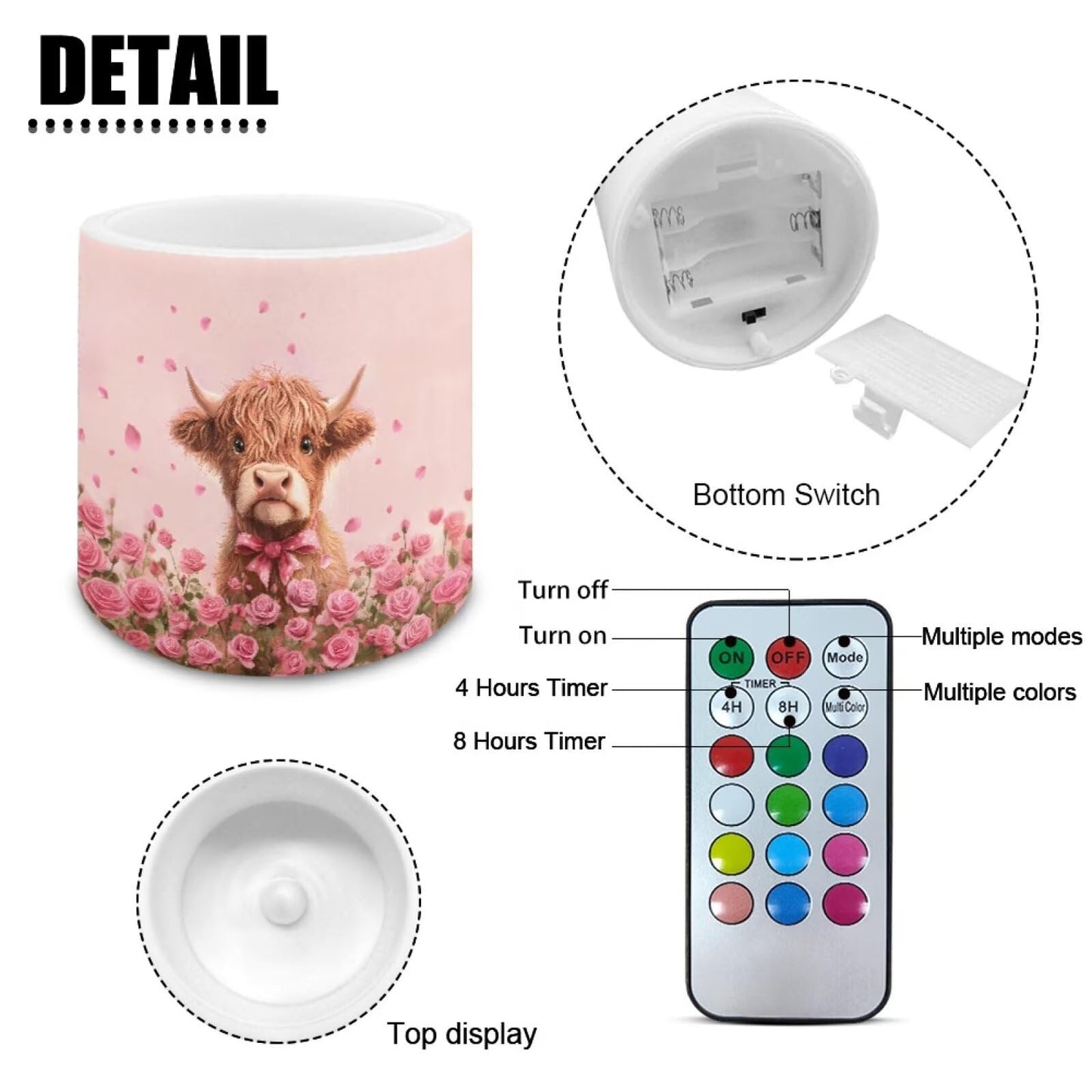 Merkmak Highland Cattle Print Battery Operated Flameless Candles with Remote and Timer Flameless LED Pillar Candles Valentines Day Home Decorations Pink Rose Print Tea Lights
