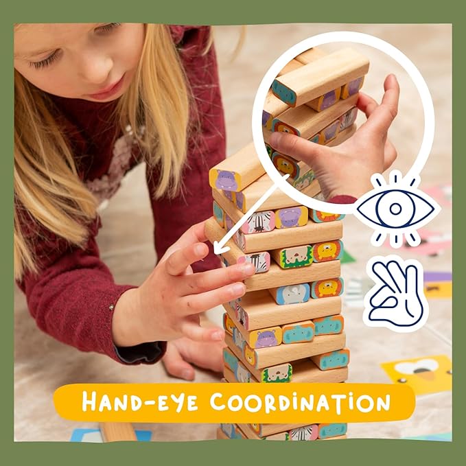 Nene Toys Wooden Block Stacking Game – 4-in-1 Tumble Tower Family Board Game with Building Blocks Cards and Dice – African Safari Educational Wooden Toy for Kids 3-9 Years Old About Animals