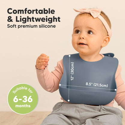KeaBabies 2-Pack Silicone Baby Bibs for Eating - Sturdy Food-Grade Silicone Bibs for Babies Girl, Boy, Large Food Catcher, Clean & Put On Easily, Waterproof Toddler Feeding Essentials (Slate)