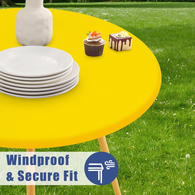 Moosfor Round Spandex Tablecloth, Elastic Fitted Waterproof Tablecloths for 31"-35" Tables, Stretch Washable Picnic Table Cover for Camping, Dining, Indoor and Outdoor, Yellow