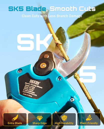 SEESII Electric Pruning Shears for Garden: 1.2" Cutting Diameter Cordless Power Pruner, 2*2000mAh Batteries, Brushless Motor, Extra SK5 Blade, 2 Modes Battery Powered Branch Cutter for Tree Trimming