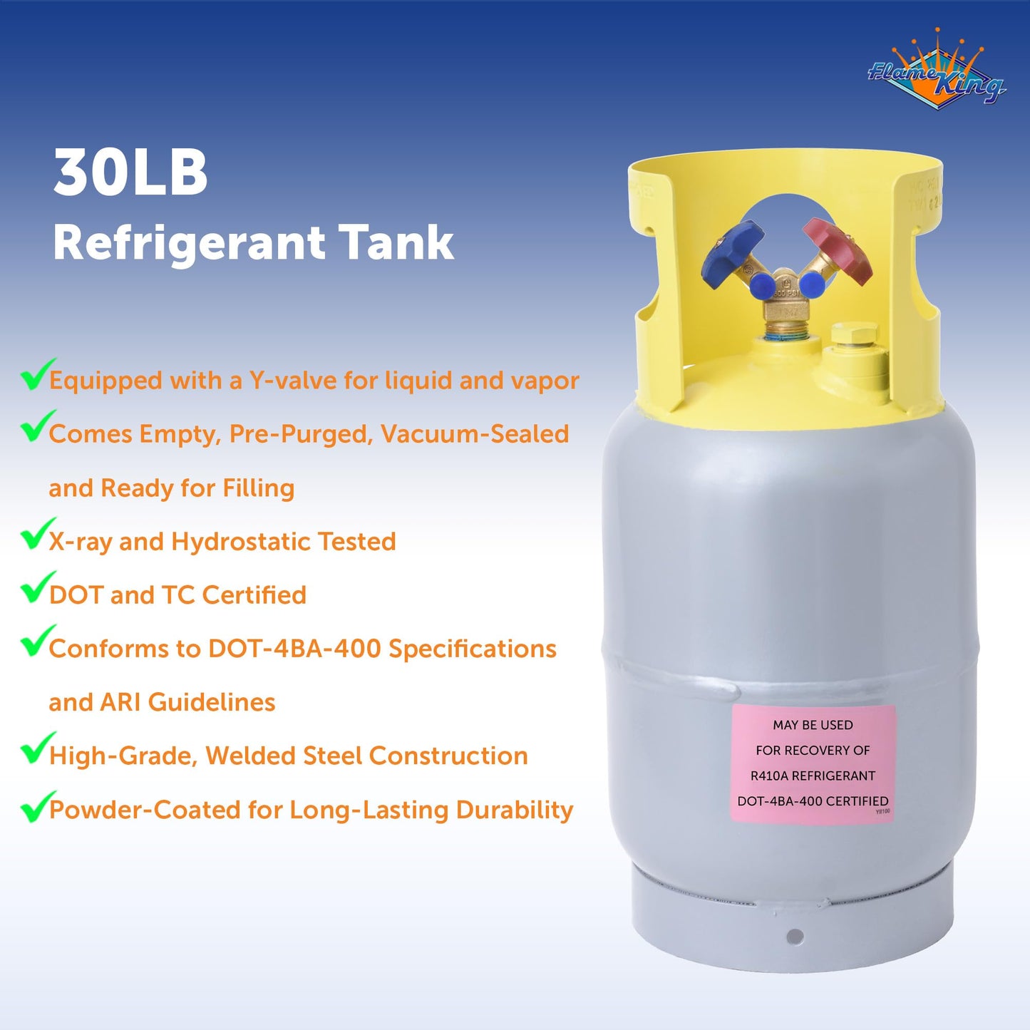 Flame King 30LB Refrigerant Recovery Cylinder Tank, 400 PSI, Dual Y-Valve Liquid/Vapor, Heavy-Duty Steel, HVAC Recovery & Storage