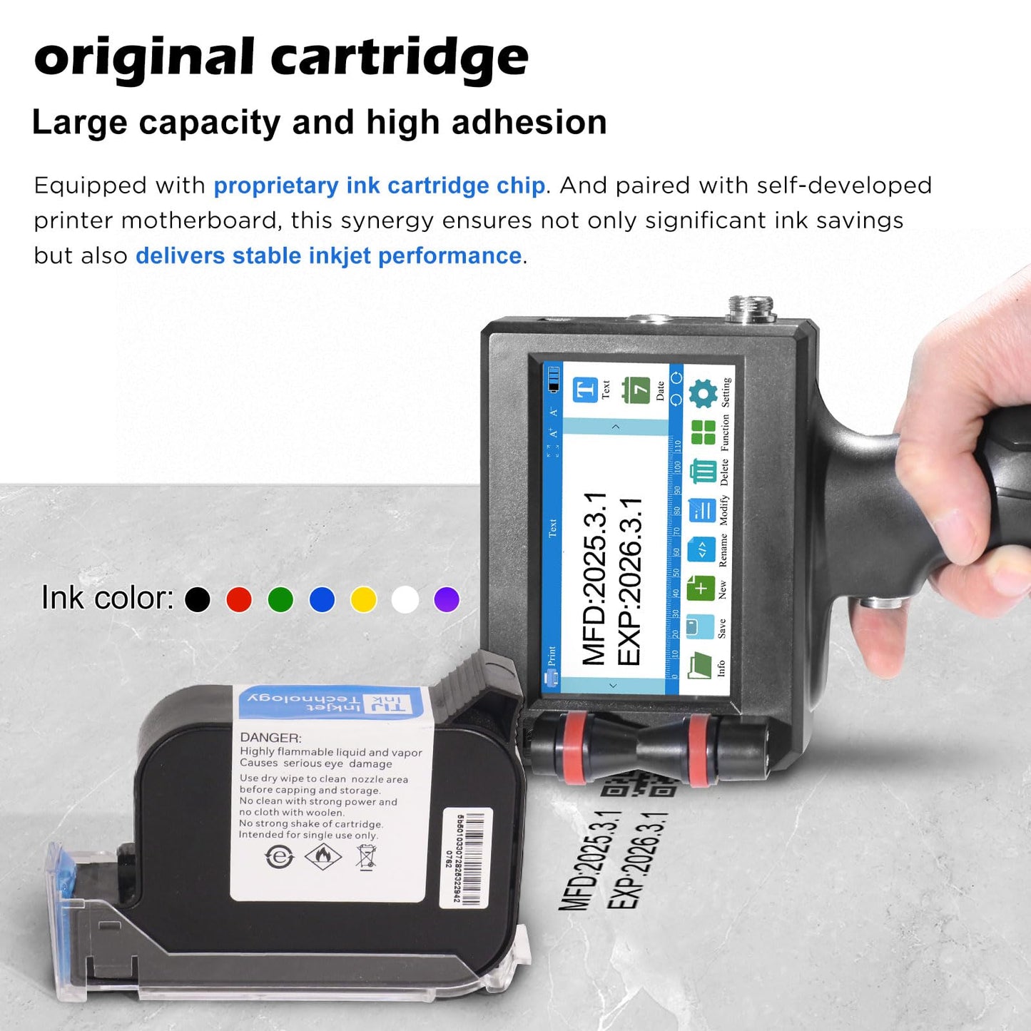 ZHONGMIN Handheld Inkjet Printer with 42ml Quick-Drying Ink Cartridge, Portable Ink Jet Coding Machine for Text/Date/Batch Number/QR Code/Barcode/Logo, Print Height from 0.08 to 0.5 Inch (ZM-C800)