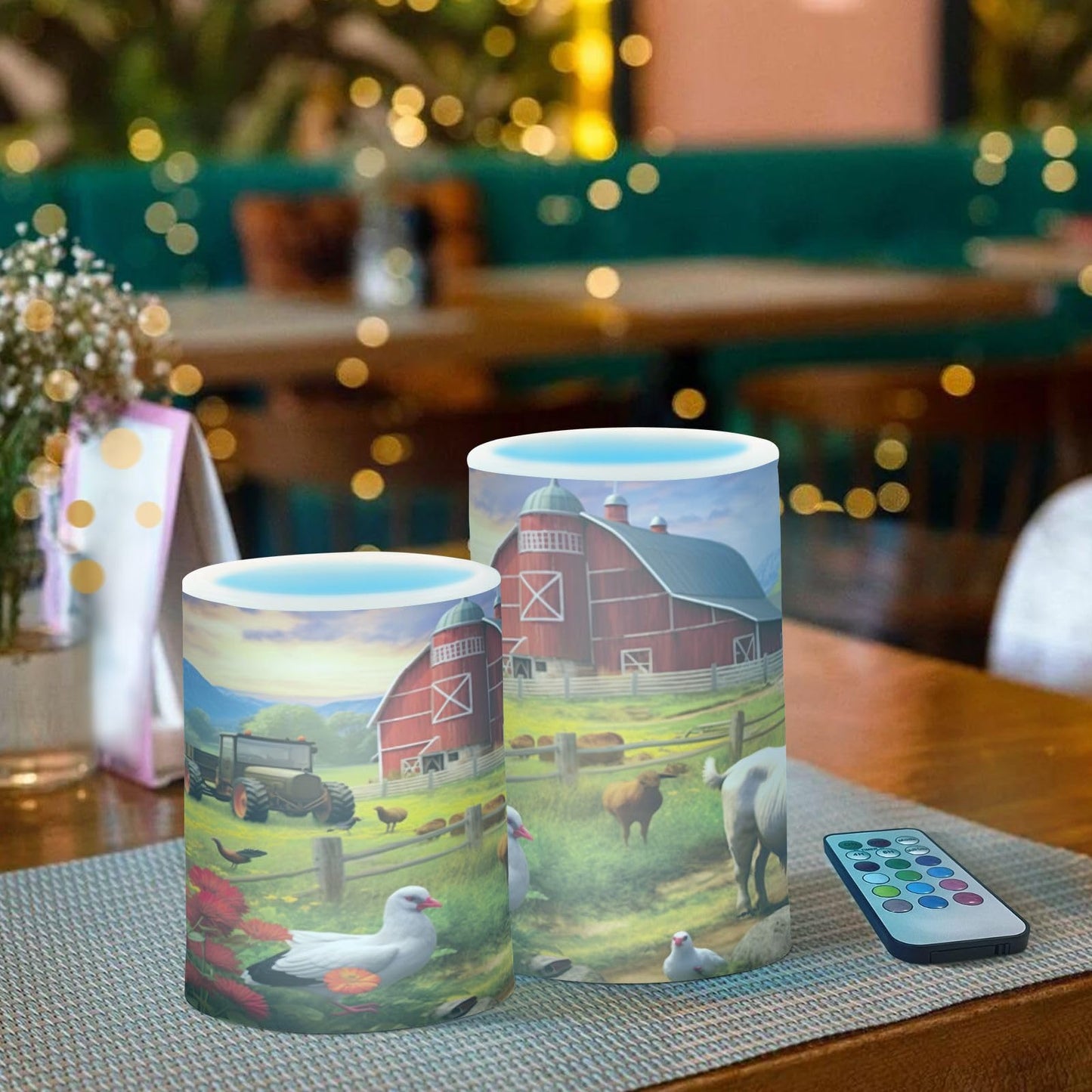 GOODOLD Flameless Candles with Remote Control and Timer, Farm Animals Pattern Flickering Candles Battery Operated LED Pillar Candles, Warm Light for Home Decor, Set of 2 (D 3" x H 4" 5")