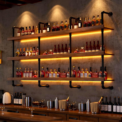 Dawselod 55.1in Large Wine Rack with LED Light Solid Wood Wall Mounted Wine Rack, 3-Tiers Liquor Bottles Floating Shelves Display Storage Organizer for Home Bar & Dining Room (140cm/55.1in)