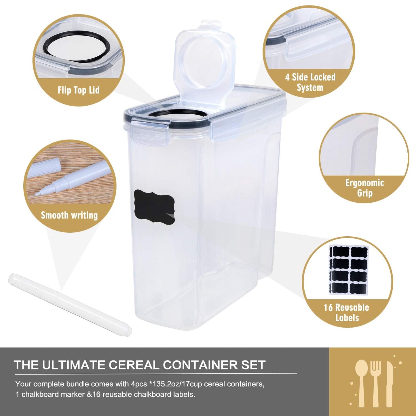 FOOYOO Cereal Containers Storage Set - 4 Piece Airtight Large Food Storage Containers(135.2oz), BPA Free Dispenser Plastic Cereal Storage Containers