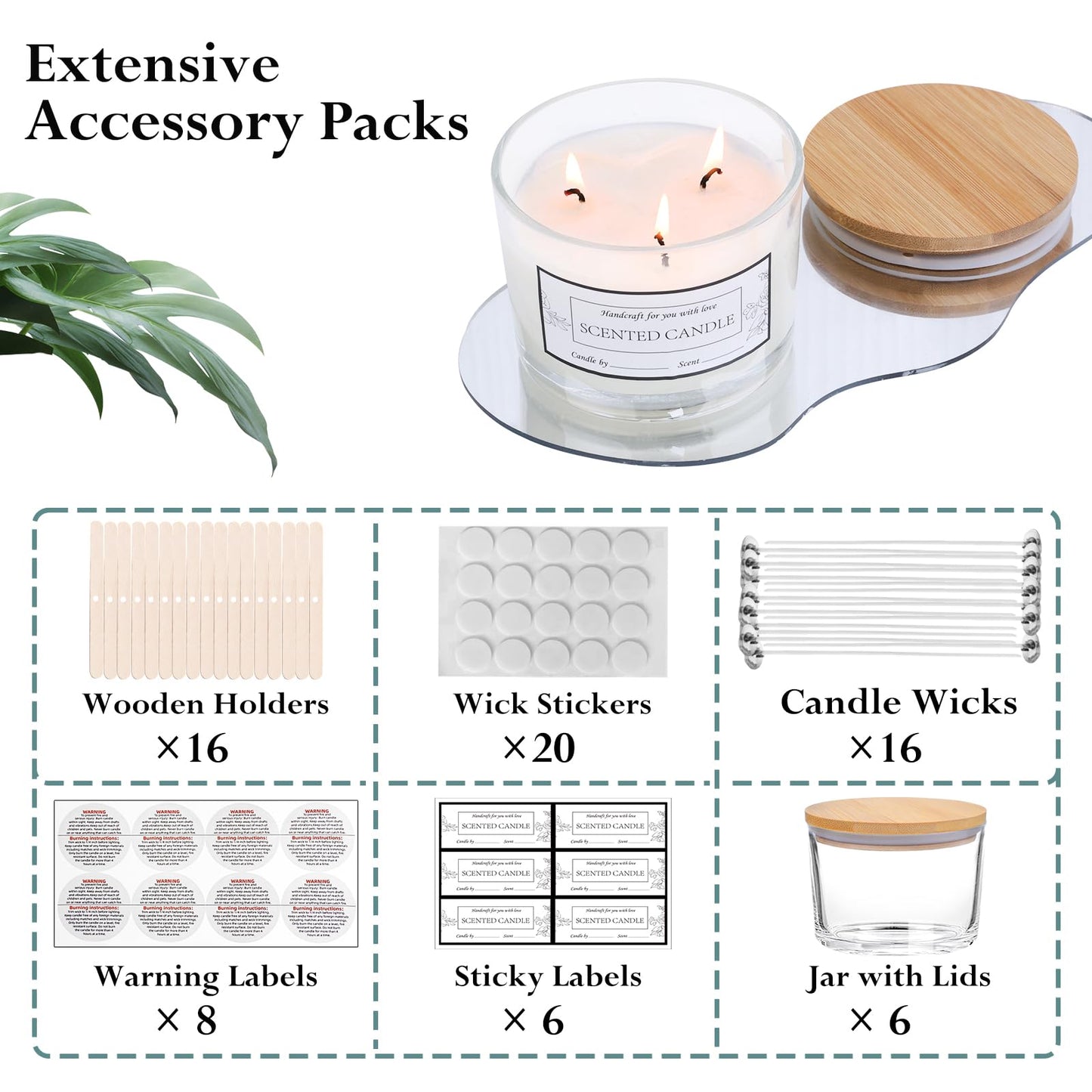 CONNOO 6-Pack 16 oz Candle Jars - 3-Wick Clear Empty Glass Wide Mouth Candle Jars Come with Bamboo Lids, Sticky Warning Labels, and a Candle Wick Kit for Candle Making - Dishwasher Safe