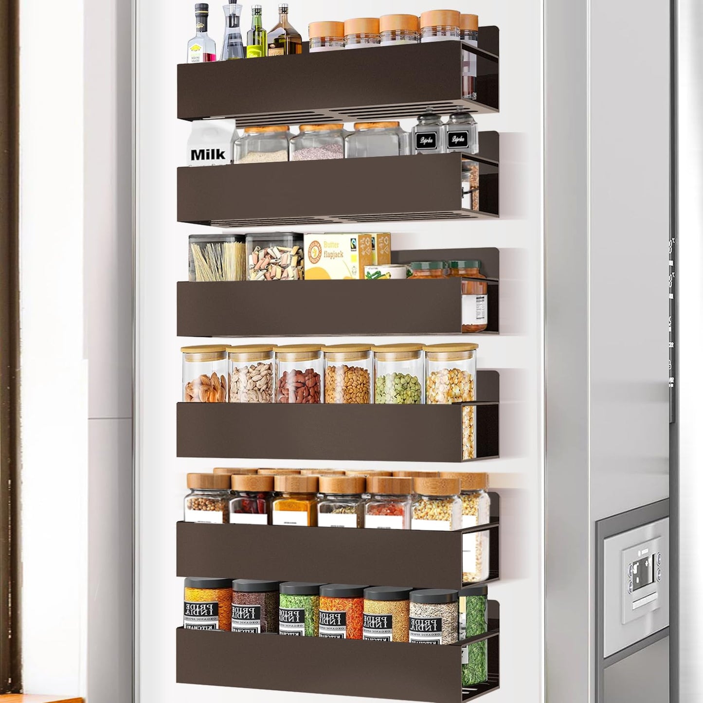 Magnetic Spice Rack Organizer for Fridge Seasoning Organizer for Kitchen storage with Screw Magnetic Shelf with Hook for Refrigerator and Oven (6pack)