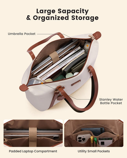 LOVEVOOK Laptop Bag for Women with Large Cup Holder, 15.6 Inch Cute Nylon Work Travel Tote Bags, Waterproof Computer Bag Shoulder Purse, Beige