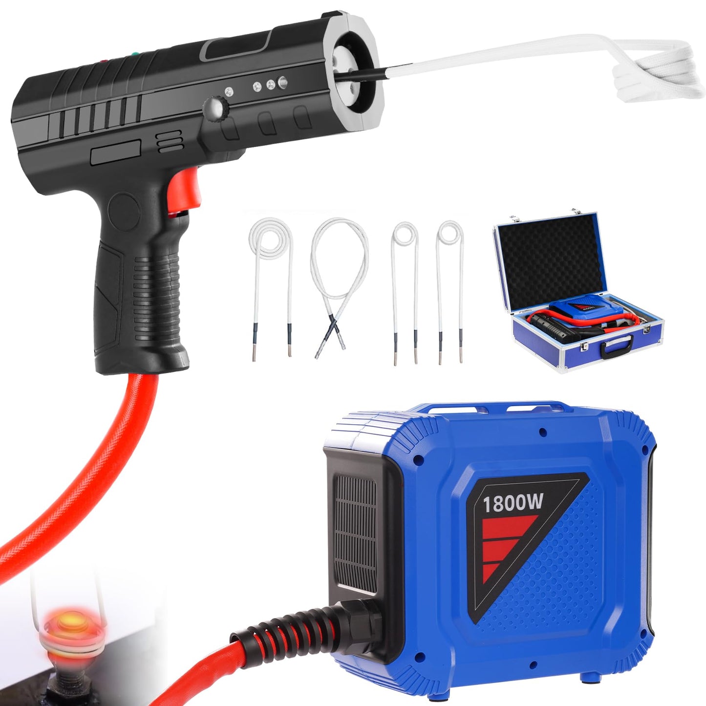 Magnetic Induction Heater Kit, 1800W Induction Heating Bolt Removal, Lightweight Induction Bolt Buster for Rusty Screw Removal with 4 Coils And Storage Box, Single Handed Operation, 8S Heating Up