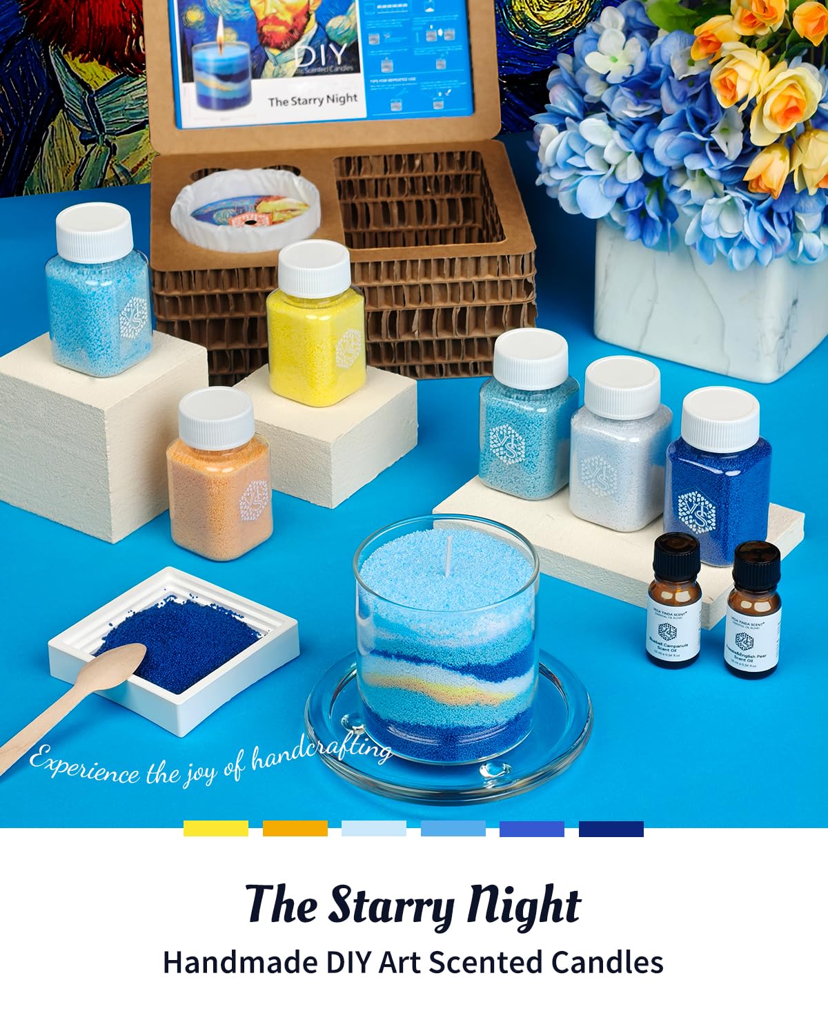 The Starry Night DIY Pearled Candle Sand Set - 11 Oz Sand Wax Beads (6 Colors), 2x10ml Scented Essential Oils, 4 Reusable Wicks, Glass Cup & Spoon, Home Decor & Handmade Gift & Craft Enthusiasts
