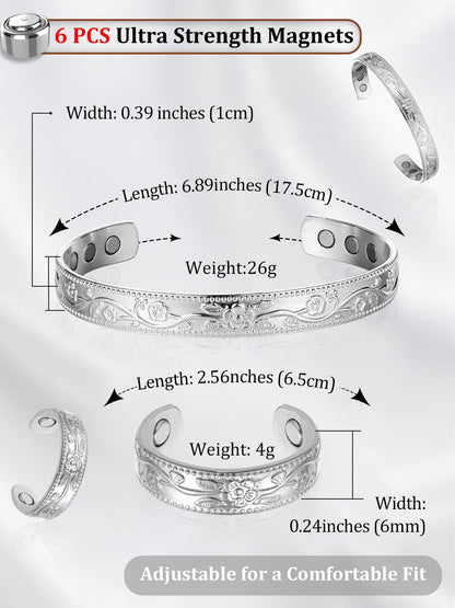 BioMag Lymphatic Drainage Ring & Copper Bracelet, 99.99% Pure Copper Magnetic Bracelet & Ring with Built-in 3500 Gauss Magnets, Adjustable Size, Floral Vine Pattern