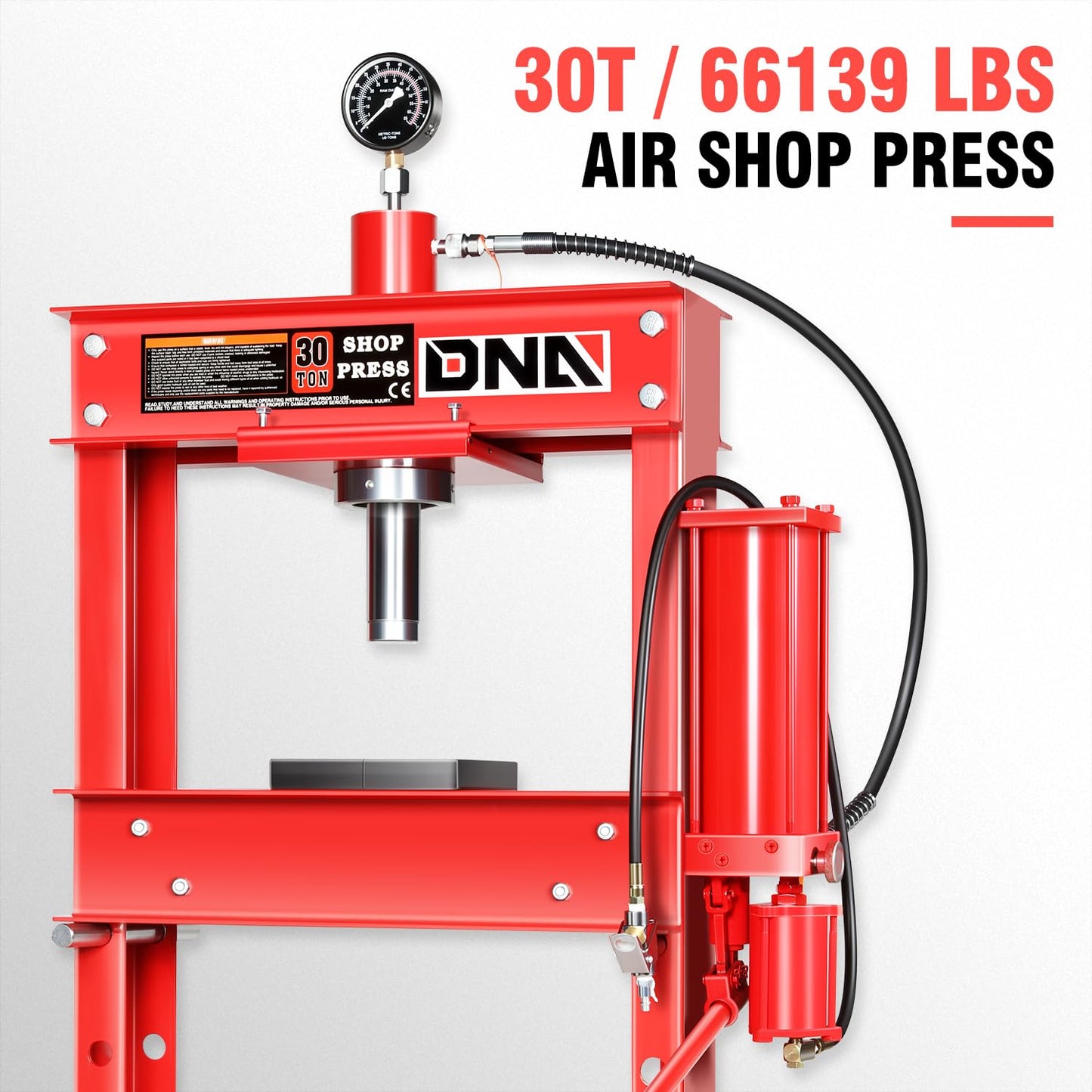 DNA Motoring 30 Ton Air Hydraulic Shop Press with Plates, H-Frame Garage Floor Press, 30T / 66139lbs, Adjustable Working Table Height, TOOLS-00292, Red