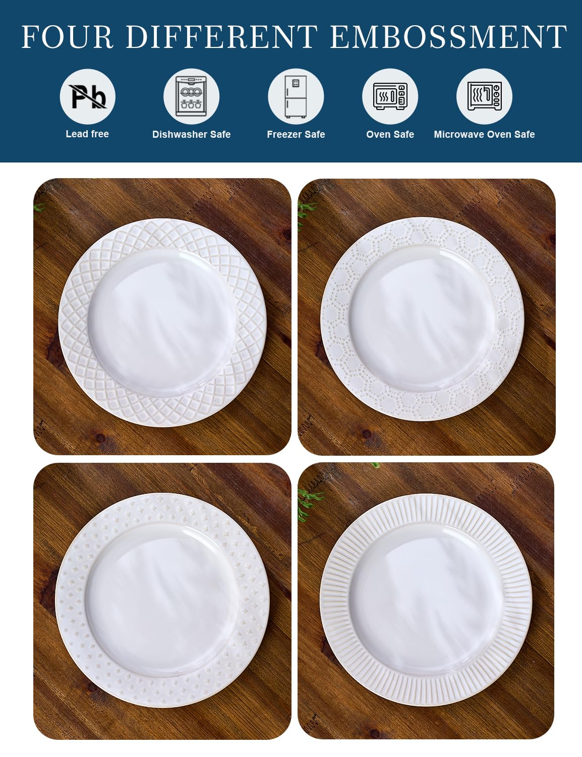 Pyrilo 10.4-Inch Embossed Ceramic Plates Set of 4 - Arctic White Dinner Plates for Kitchen Dining Microwave Dishwasher Safe Scratch Resistant Plate Sets Housewarming Wedding Gift