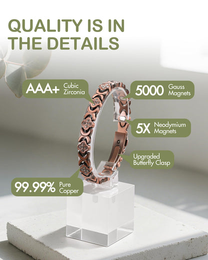 Feraco Pure Copper Bracelets for Women, 5X Ultra Strength Magnetic Bracelet with 5000 Gauss Magnets & Sparkling Cubic Zirconia, Premium Folding Clasp, Infinite Clover Jewelry Gift