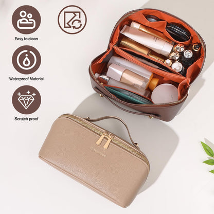 Cuteseason PU Leather Makeup Bag for Women, Structured Makeup Case with Wide Opening, Travel Cosmetic Bag with Compartments and Handle, Water-Resistant Makeup Organizer(Brown, Lychee Grain)