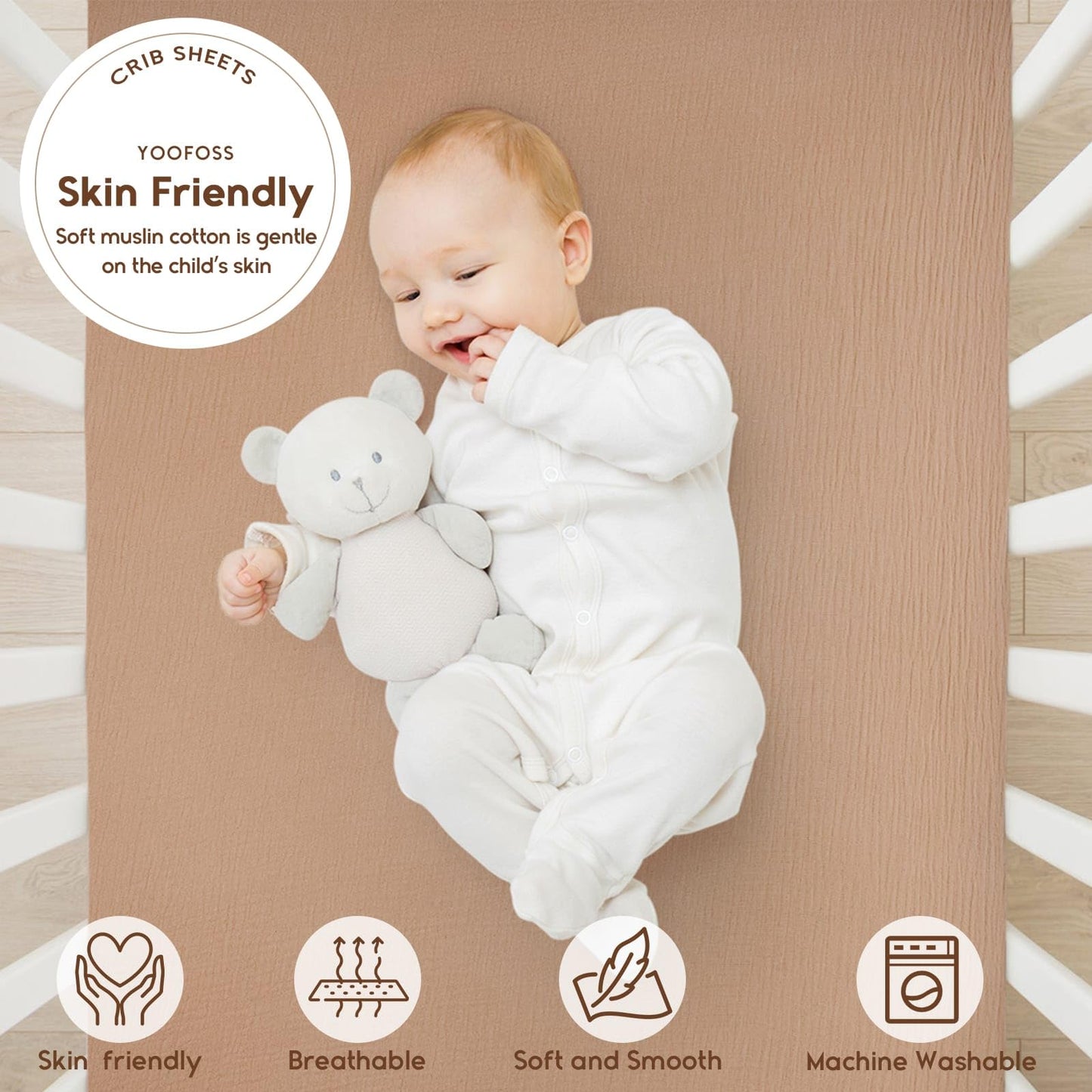 Yoofoss Muslin Crib Sheets for Boys Girls 100% Cotton Fitted Baby Crib Sheet 2 Pack Soft and Breathable for Standard Crib Mattress & Toddler Mattress 52"x28" Apricot&Green