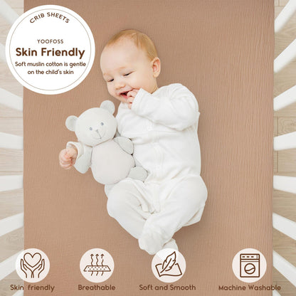 Yoofoss Muslin Crib Sheets for Boys Girls 100% Cotton Fitted Baby Crib Sheet 2 Pack Soft and Breathable for Standard Crib Mattress & Toddler Mattress 52"x28" Apricot&Green