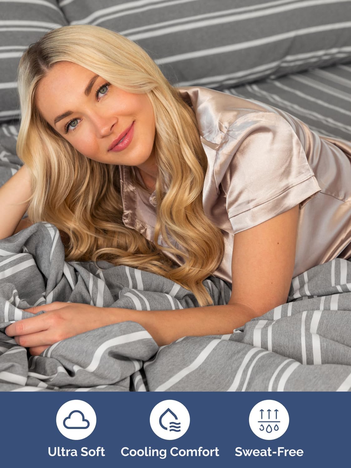 Skiennix Extra Deep Split King Sheet Set - 7 Piece Cooling Bedding - Soft, Wrinkle-Free, Grey Stripes