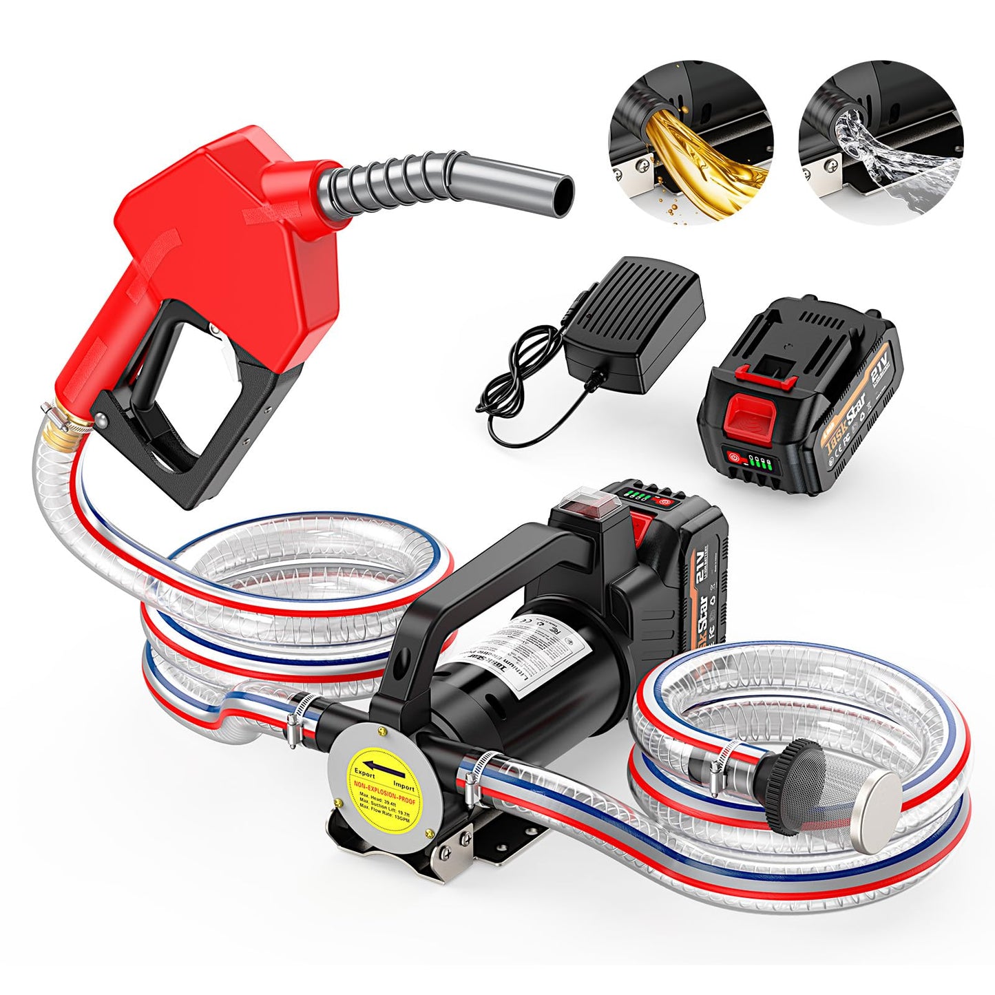 TaskStar Fuel Transfer Pump Battery Powered, 13GPM Electric Pump with 21V 4.0Ah Battery & Charger, Portable Cordless Pump with Auto-off Nozzle & 2x 6.6FT Hoses for Water Diesel Kerosene Transfer