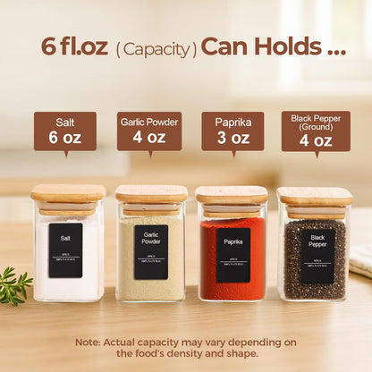 ComSaf 16Pcs Glass Spice Jars with Bamboo Lid, 4oz Airtight Square Spice Containers with 275 Black Lables, Empty Seasoning Jars for Spice Salt Sugar