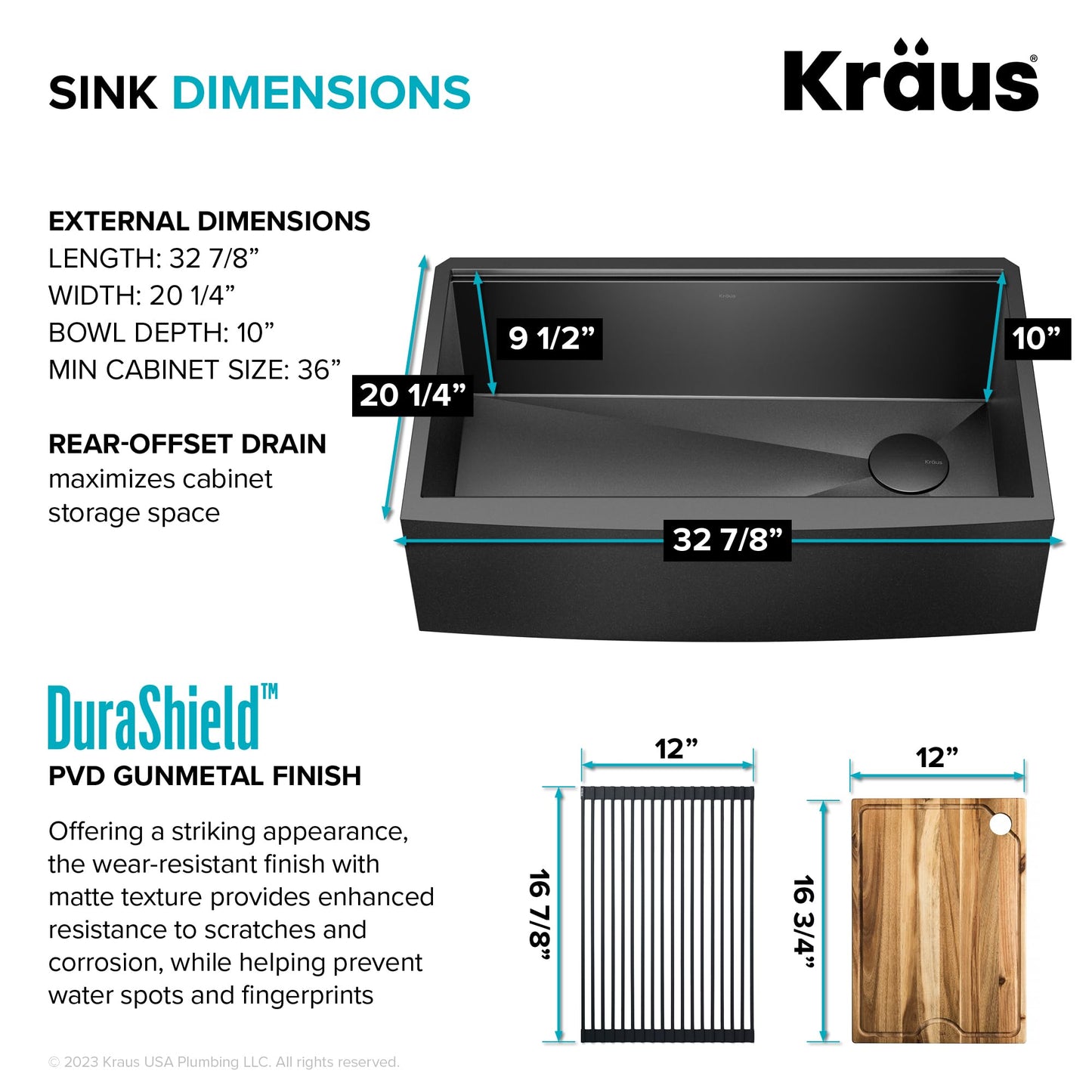 KRAUS Kore Workstation 33-inch Farmhouse Apron Front 16 Gauge Black Stainless Steel Single Bowl Kitchen Sink in PVD Gunmetal Finish with Accessories, KWF210-33/PGM
