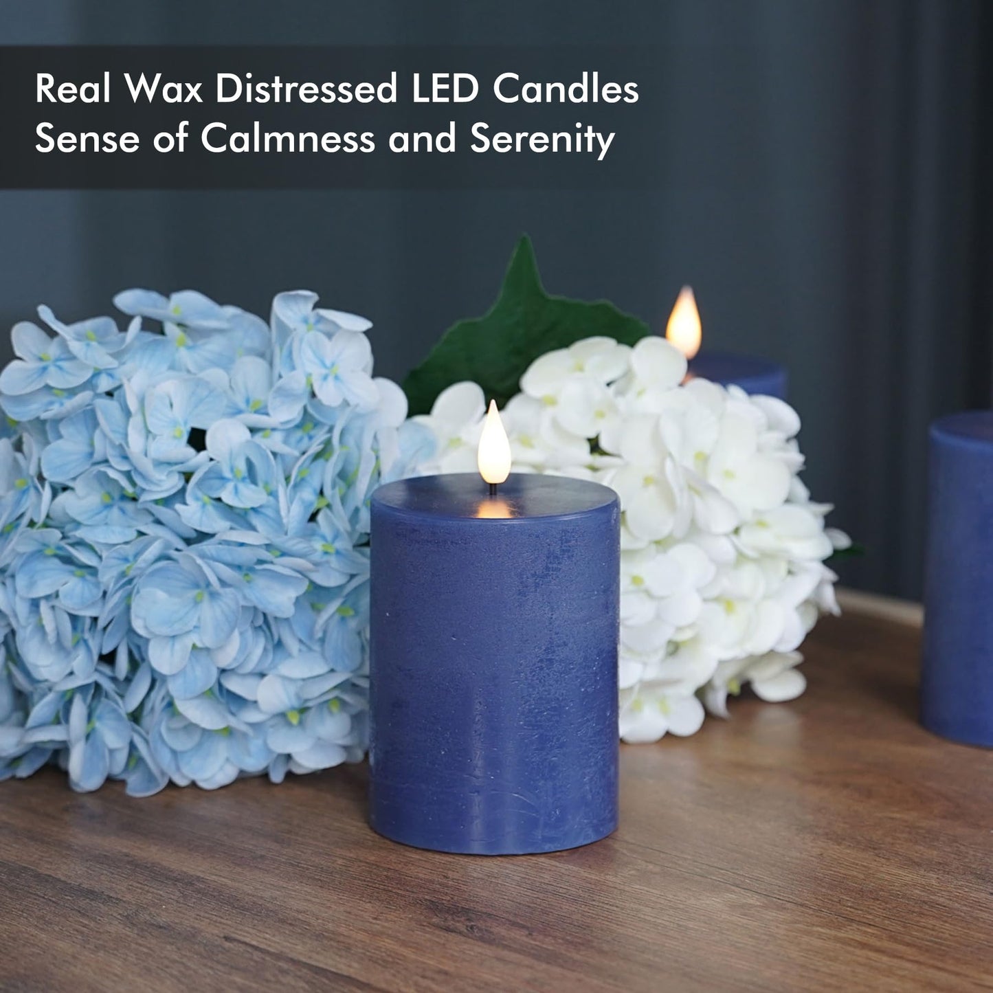 Fanna Flameless Pillar Candles with Timer in Real Wax for Advent and Christmas, Battery Operated Led Candles with Remote, 8 Batteries Included - Set of 4 (D 3" x H 4") - Dark Blue