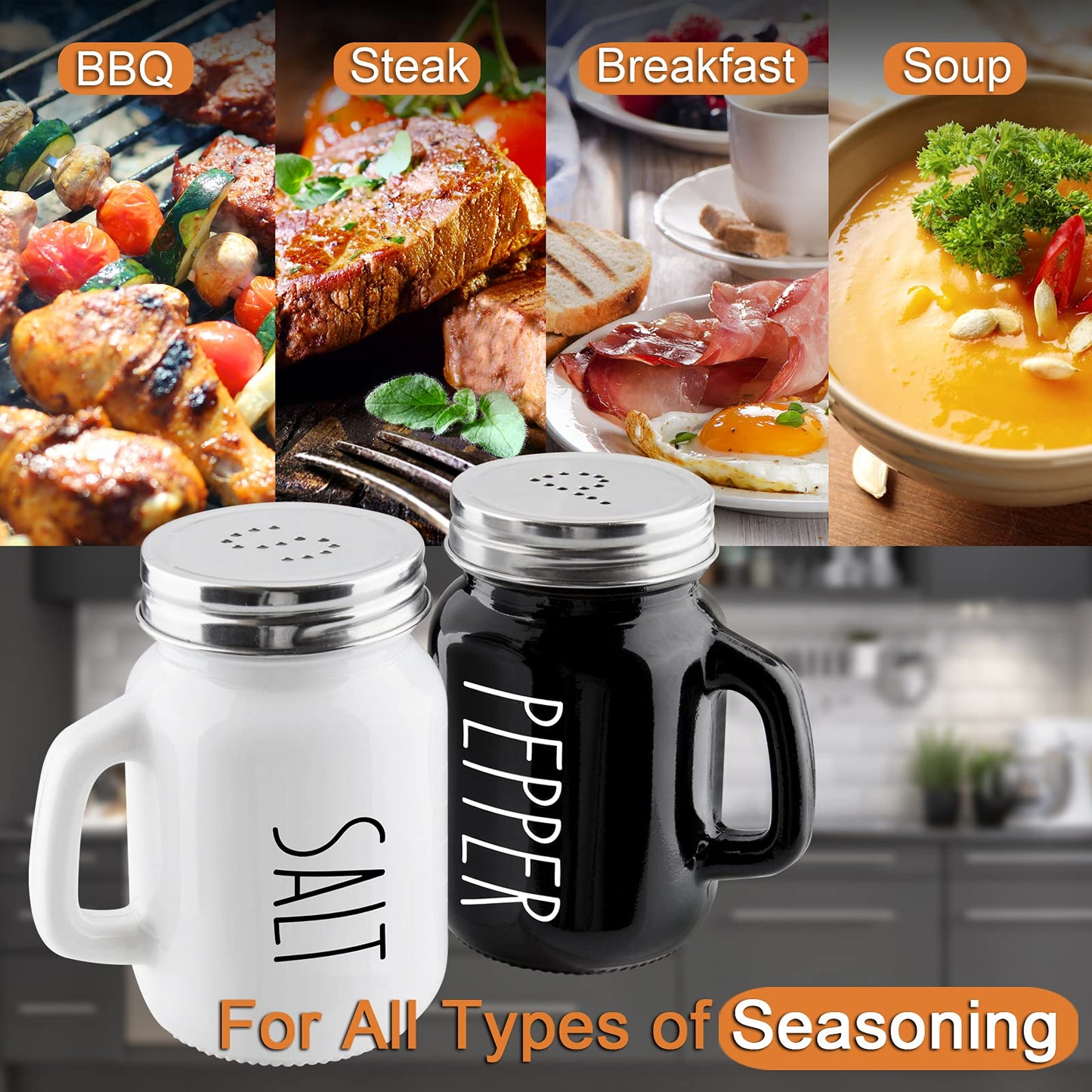Salt and Pepper Shakers Set, ZOSUJO 4 oz Cute Salt Pepper Shaker, Kitchen Decor for Home Restaurants Wedding, Glass Black White Shaker Sets with Stainless Steel Lids