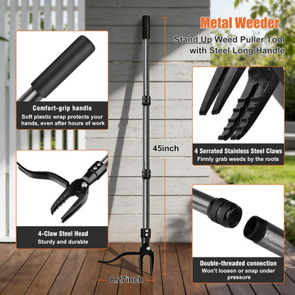 GOXAWEE Metal Stand Up Weed Puller Tool - 45" Garden Weeding Tool with Steel Long Handle & 4-Claw Steel Head - Effortlessly Remove Weeds Without Bending/Kneeling - All Steel Construction