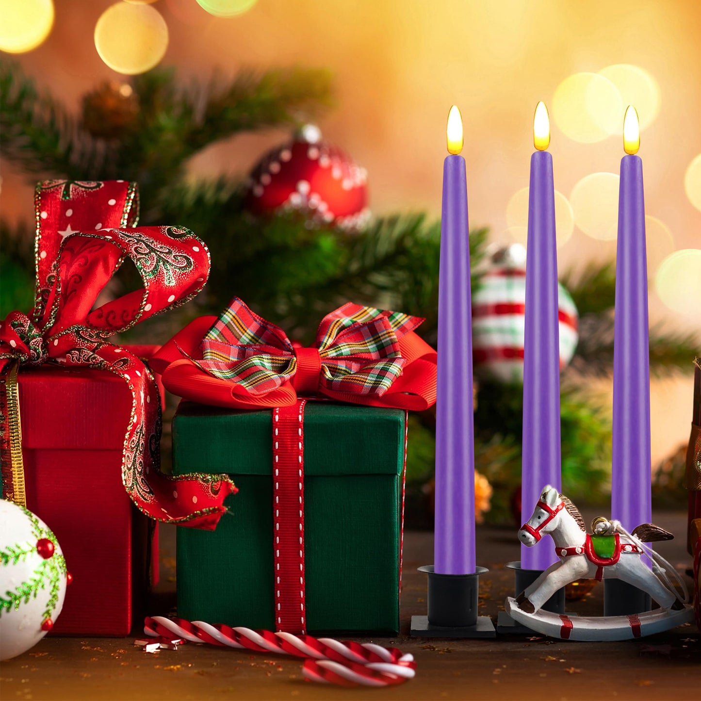 CVHOMEDECO. Flameless Taper Candles with 10-Key Remote, Battery Operated Led Flickering 3D Wick Window Candles Real Wax Finished Home Christmas Party Decor 0.78 x 11 Inch, Pack of 3, Purple
