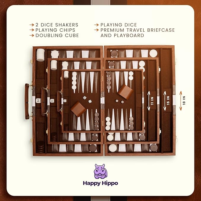 Backgammon Board Game Deluxe Leather Like Case Felt Interior Brown Classic Backgammon Game Popular Board Game Board Games (Large (18))