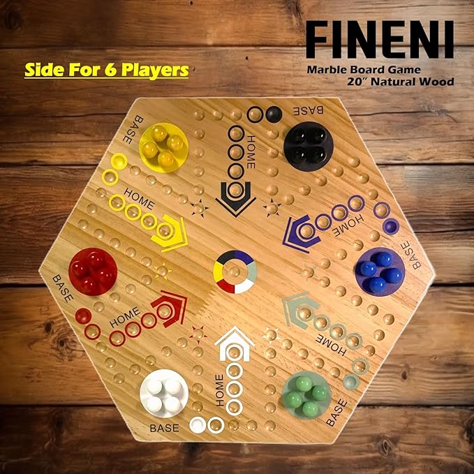 Wooden Board Games Marble Board Game Original with Dual Sides Fast Track Games for 2 to 6 Players Double Side Marble Boards 6 Colors 30 Marbles and 6 Color 6 Dice Pouch (20 Log)