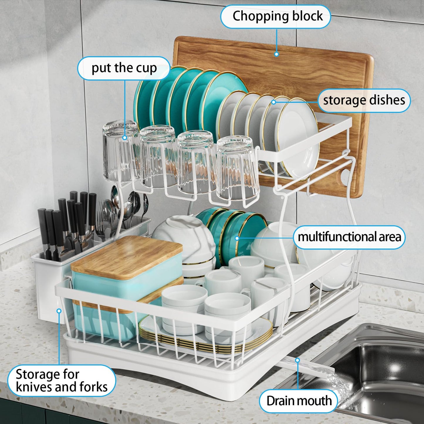 7 code Large Dish Drying Rack for Kitchen Counter, Detachable Large Capacity Dish Drainer Organizer, 2-Tier Dish Racks with Utensil Holder, Black