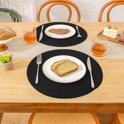 SHACOS Round Braided Placemats Set of 8 Washable Cotton Polyester Woven Round Table Mats for Dining Tables 15 inch (Black, 8)
