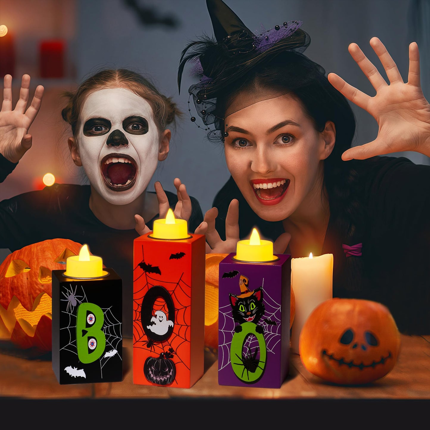 BlcTec Halloween Decorations, 3 PCS Halloween Wood Candle Holders with LED Tea Lights & 3D Carving Craft, Wood Candle Centerpieces for Home, Table, Office, Tiered Tray, Décor, Black Orange Purple