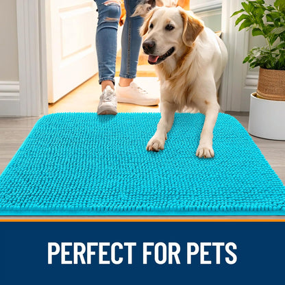 OLANLY Dog Door Mat - Absorbent Non-Slip Chenille Mat for Muddy Paws | 30x17 Inches, Aqua Blue