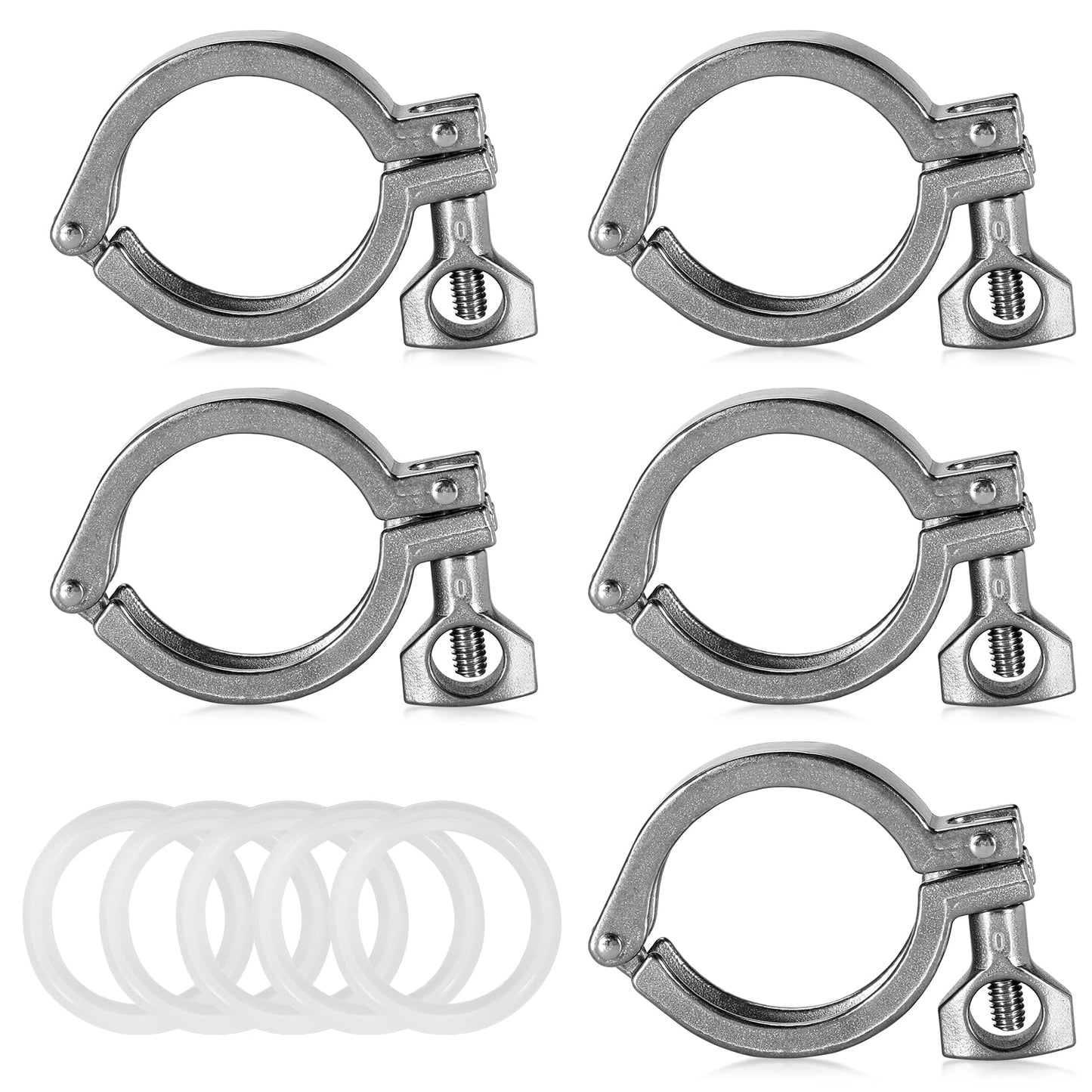 Pindex 5 Pack 2 Inch 190g Heavy Duty Tri Clamp with Silicone Gasket 304 Stainless Steel Sanitary TC Fittings