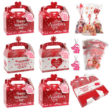 Wlicon Valentine’s Day Gift Treat Boxes, 24 Pcs Valentines Candy Boxes with 48 Pcs Valentine Cellophane Bags Heart Prints Cookies Box with Handles for Romantic Love Wedding Valentine Party Favor Decor