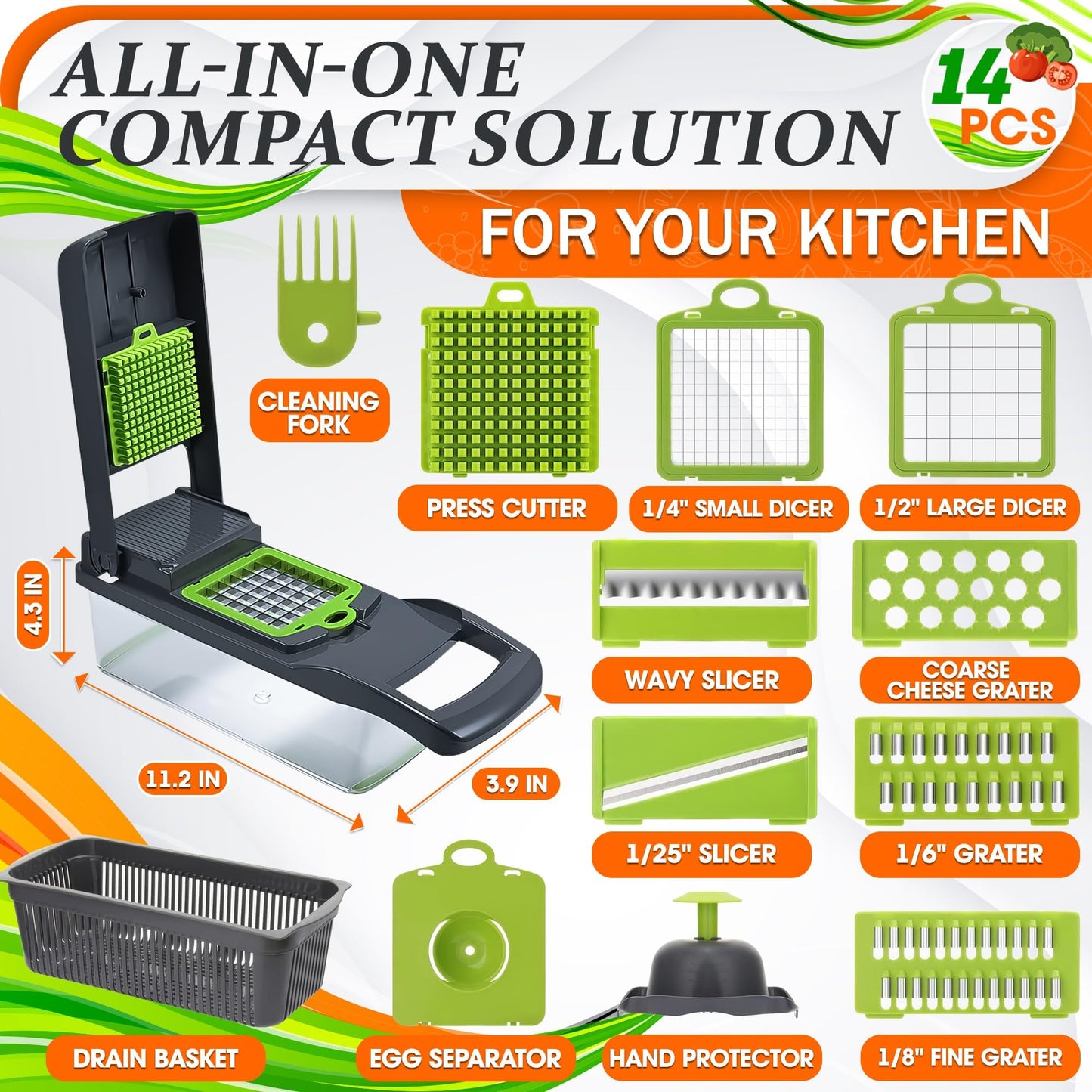 14-in-1 Vegetable Chopper with Container – Veggie Chopper with Container and Lid Includes 6 Blades, Cheese Grater, Egg Separator | Finger Guard, Dishwasher Safe – Veggie Dicer for Chips, Cubes, Strips